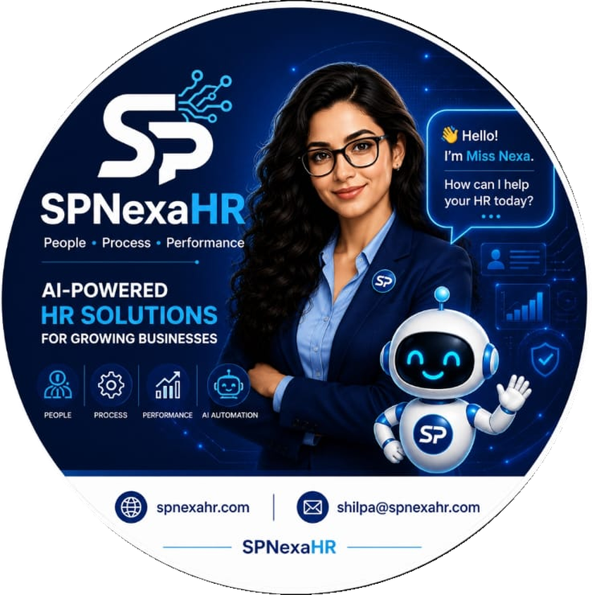 SPNexaHR brand badge featuring the SP logo and Miss Nexa AI assistant